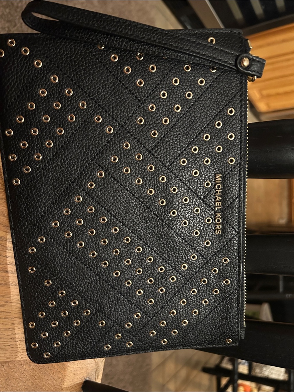 Michael Kors Black Pebbled Leather Studded Wristlet with Gold Accents